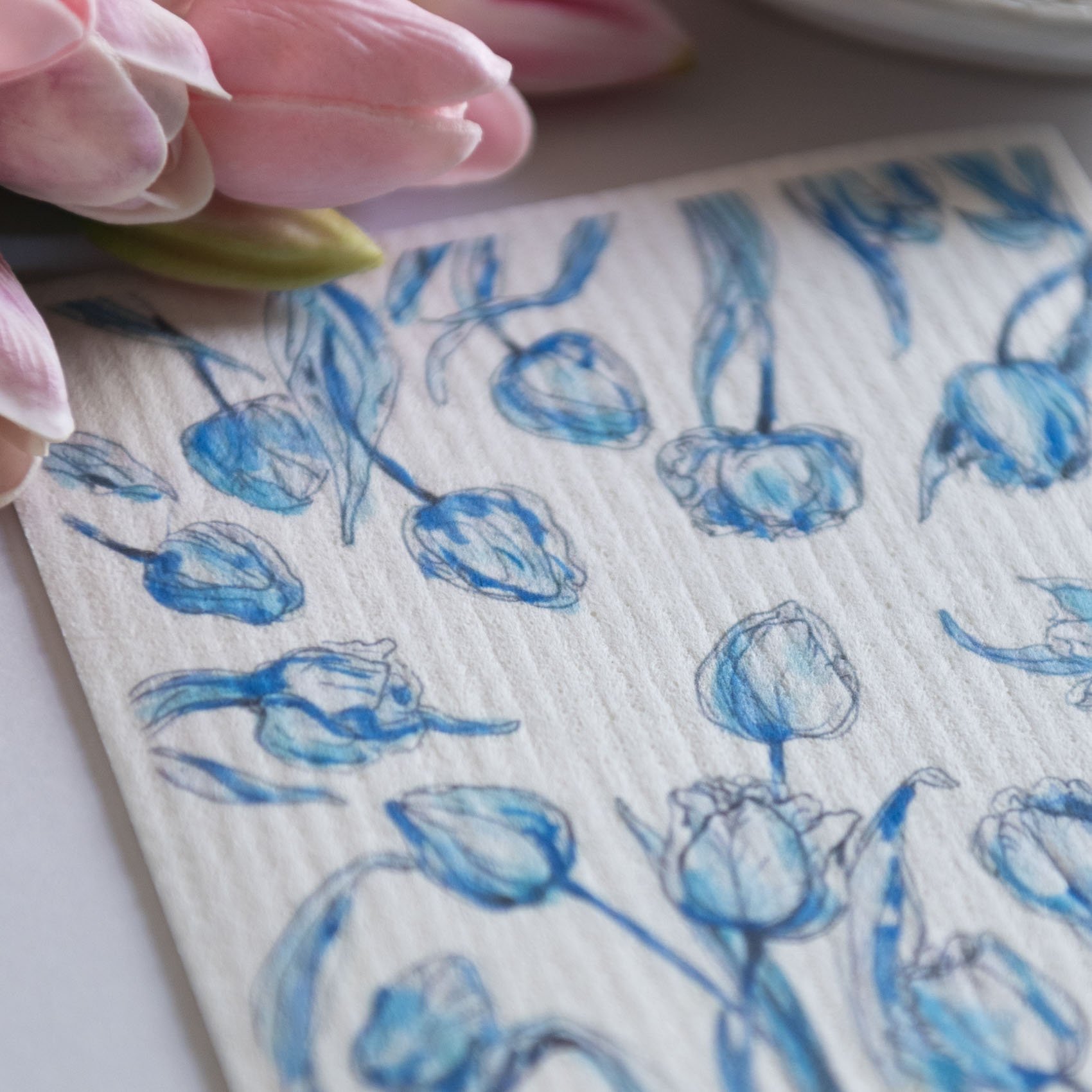 Blue Tulip Delft Art Dishcloth Blue and White Decor Tulip Design Kitchen Gift Blue Delft Style