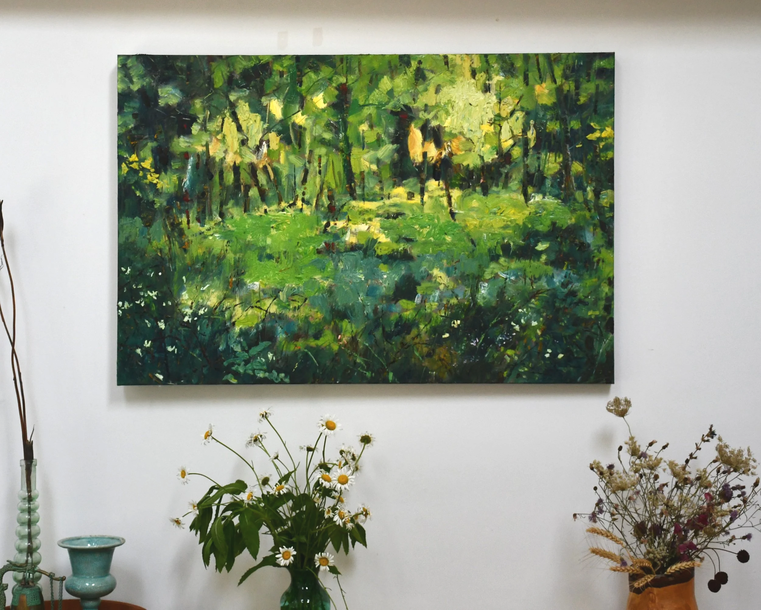 Lynx Painting Floral Meadow Oil Painting Summer Greens Wildflower Meadow Impressionistic Art for Hom