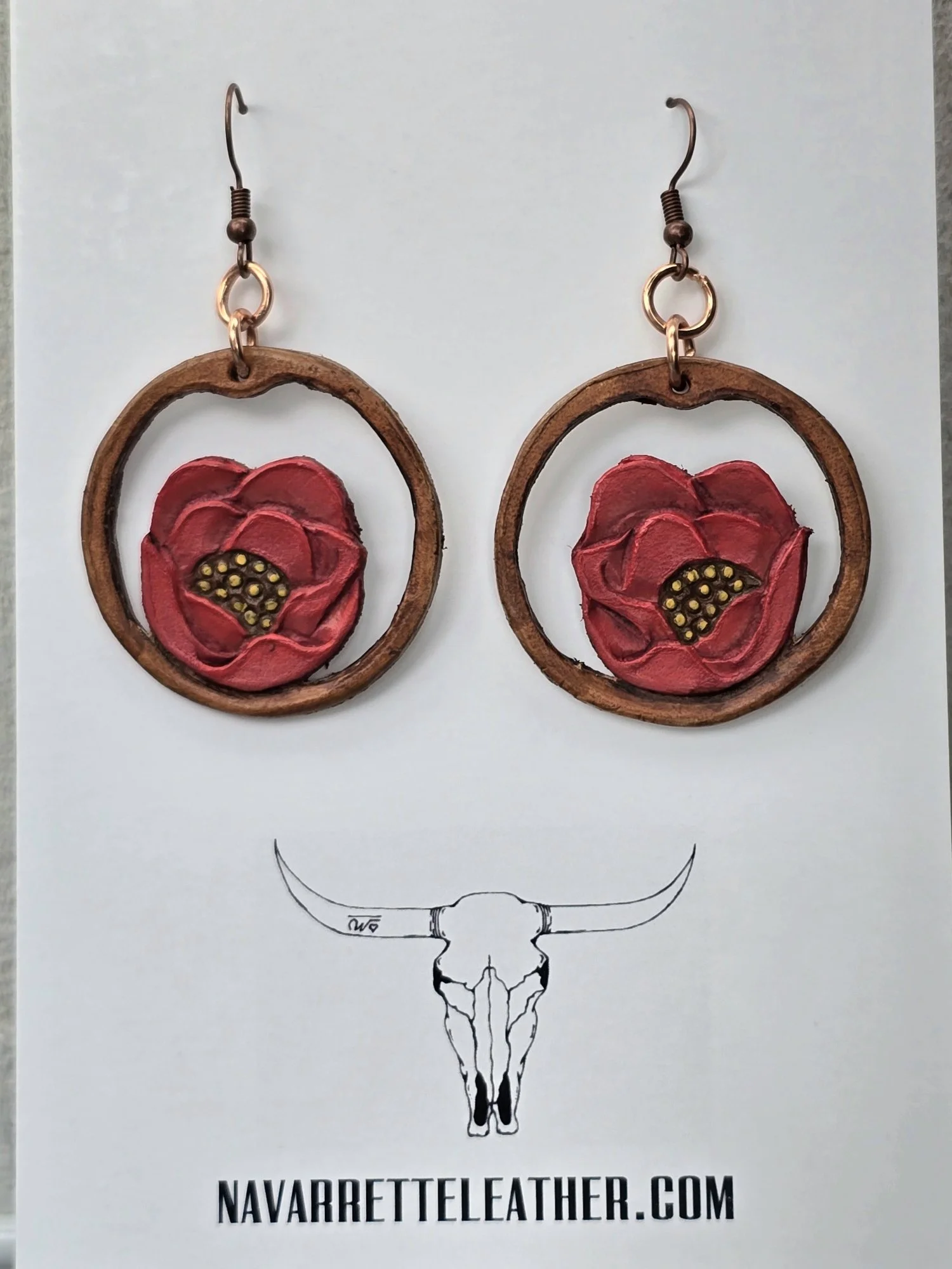 Tooled leather prickly pear round earrings