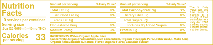 Nutrition Facts for Stoned Ape Pineapple Passionfruit: 33 calories per serving, 10 servings per container