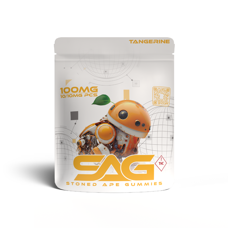 Stoned Ape Gummies Tangerine package in orange and white with a robot ape and THC warning symbol