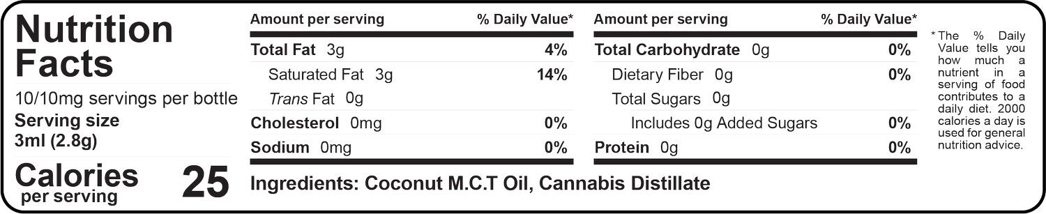 Nutrition Facts for Stoned Ape 100mg THC tincture with cannabis distillate and coconut MCT oil: 25 calories and 3g total fat per serving, 10 servings per bottle