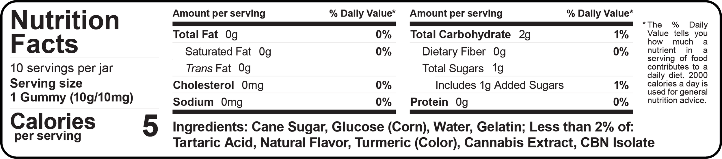 Nutrition facts label for a gummy supplement, indicating 10 servings per jar, with a serving size of 1 gummy (10g/10mg). Each serving contains 5 calories, 0g total fat, 0g saturated and trans fats, 0mg cholesterol, 0mg sodium, 2g total carbohydrates, 1g total sugars including 1g added sugars, and 0g protein. The ingredients listed are cane sugar, glucose (corn), water, gelatin, and less than 2% of tartaric acid, natural flavor, turmeric (color), cannabis extract, and CBN isolate.