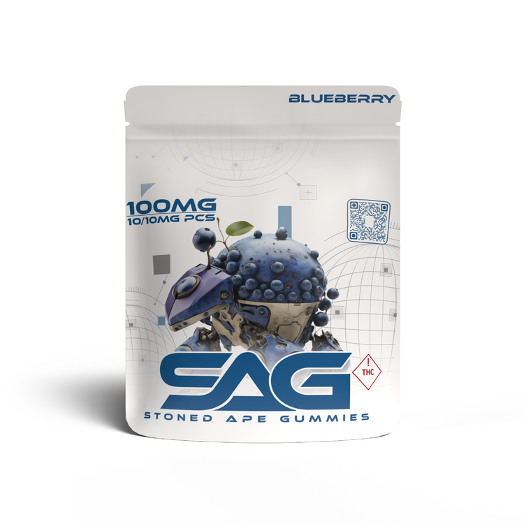 Stoned Ape Gummies Blueberry package in blue and white with a robotic blueberry, 100mg total and 10mg per piece