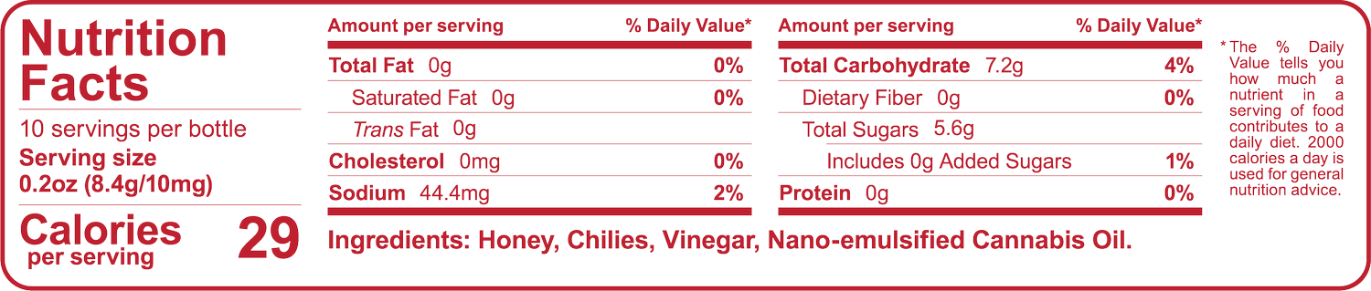 Nutrition Facts label for BBQ'ED Hot Honey with honey, chilies and vinegar: 29 calories per serving, 10 servings per bottle