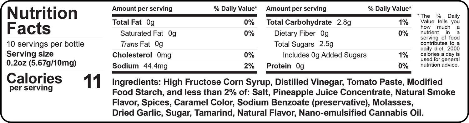 Nutrition Facts label for BBQ'ED cannabis-infused BBQ sauce: 11 calories and 2.8 grams of carbohydrates per serving