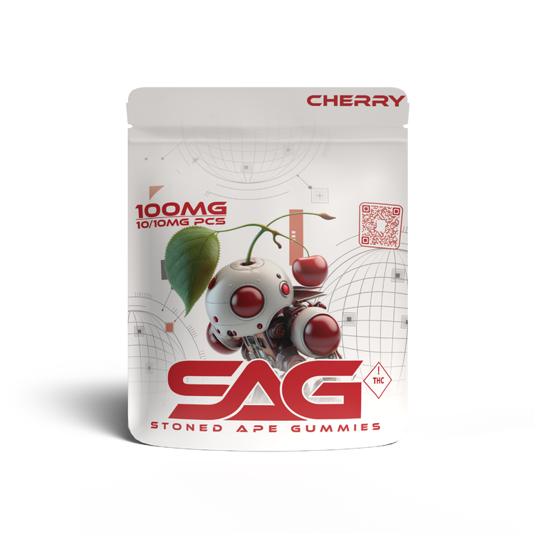 Stoned Ape Gummies Cherry package with a robotic cherry character and red and white dosage text