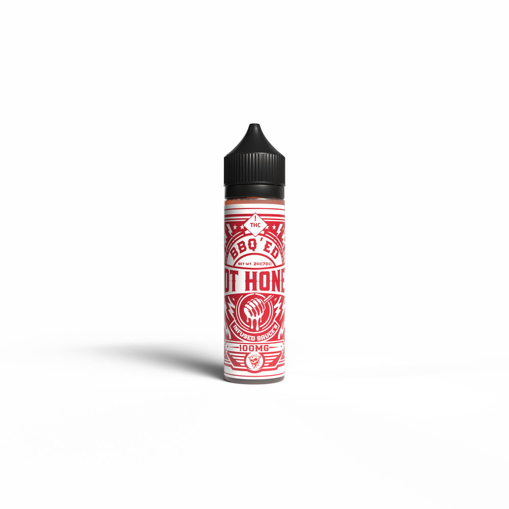 Black dropper bottle of BBQ'ED 100mg THC-infused Hot Honey labeled About That Honey