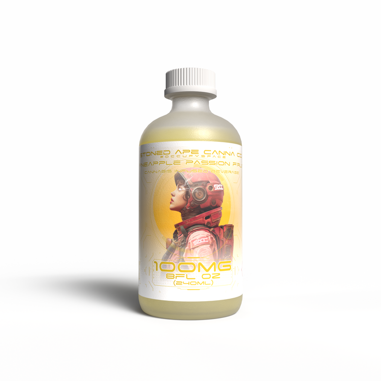 Stoned Ape 100mg THC-infused Pineapple Passionfruit bottle with an astronaut on the label