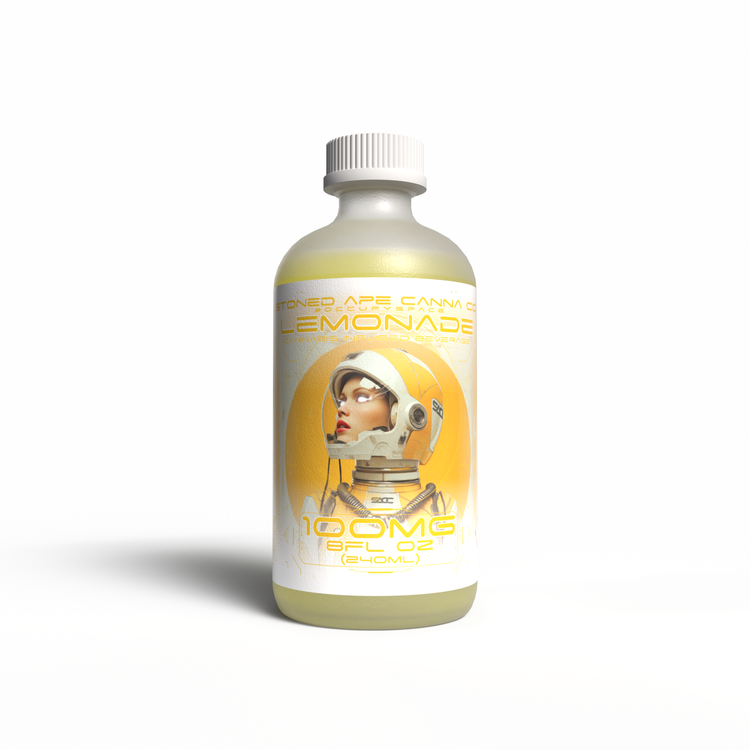 Stoned Ape 100mg THC-infused Lemonade bottle with yellow and white label and an astronaut on the front
