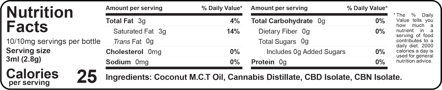 Nutrition Facts for Stoned Ape 1:1:1 THC/CBD/CBN tincture with cannabis distillate, CBD isolate and CBN isolate: 25 calories and 3g total fat per 3mL serving