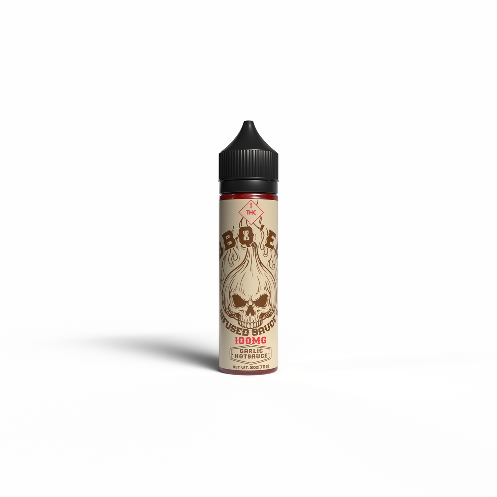 Bottle of BBQ'ED 100mg THC-infused Garlic Hot Sauce with a skull label and black dropper cap