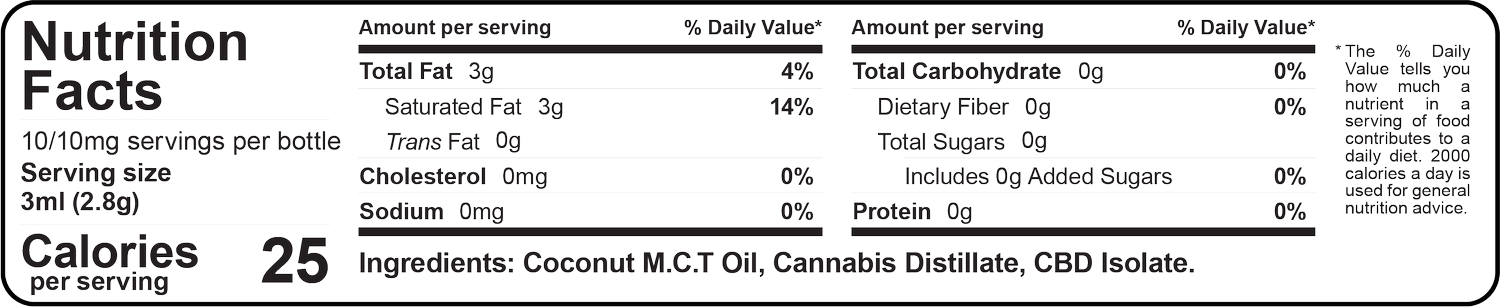 Nutrition Facts for Stoned Ape 1:1 THC/CBD tincture: 25 calories and 3g total fat per 3mL serving