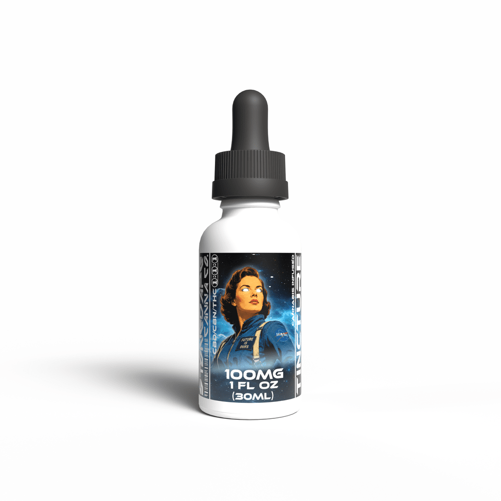 Stoned Ape Canna Co 1:1:1 THC/CBD/CBN tincture, 30mL dropper bottle with retro-futuristic astronaut illustration
