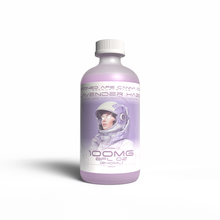 Stoned Ape 100mg THC-infused Lavender Haze bottle with a purple label and cap