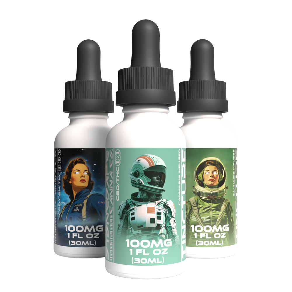 Stoned Ape Canna Co tinctures: 100mg THC, 1:1 THC/CBD and 1:1:1 THC/CBD/CBN dropper bottles