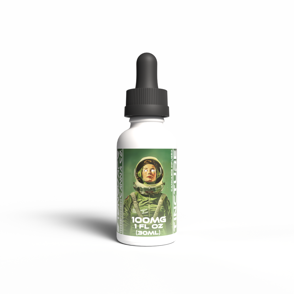 Stoned Ape Canna Co 100mg THC tincture, 1 fl oz (30mL) white dropper bottle with black cap and green astronaut label