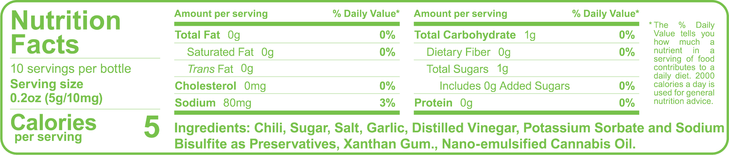 Nutrition Facts label for BBQ'ED Sriracha chili oil: 10 servings per bottle, 5 calories and 80mg sodium per serving