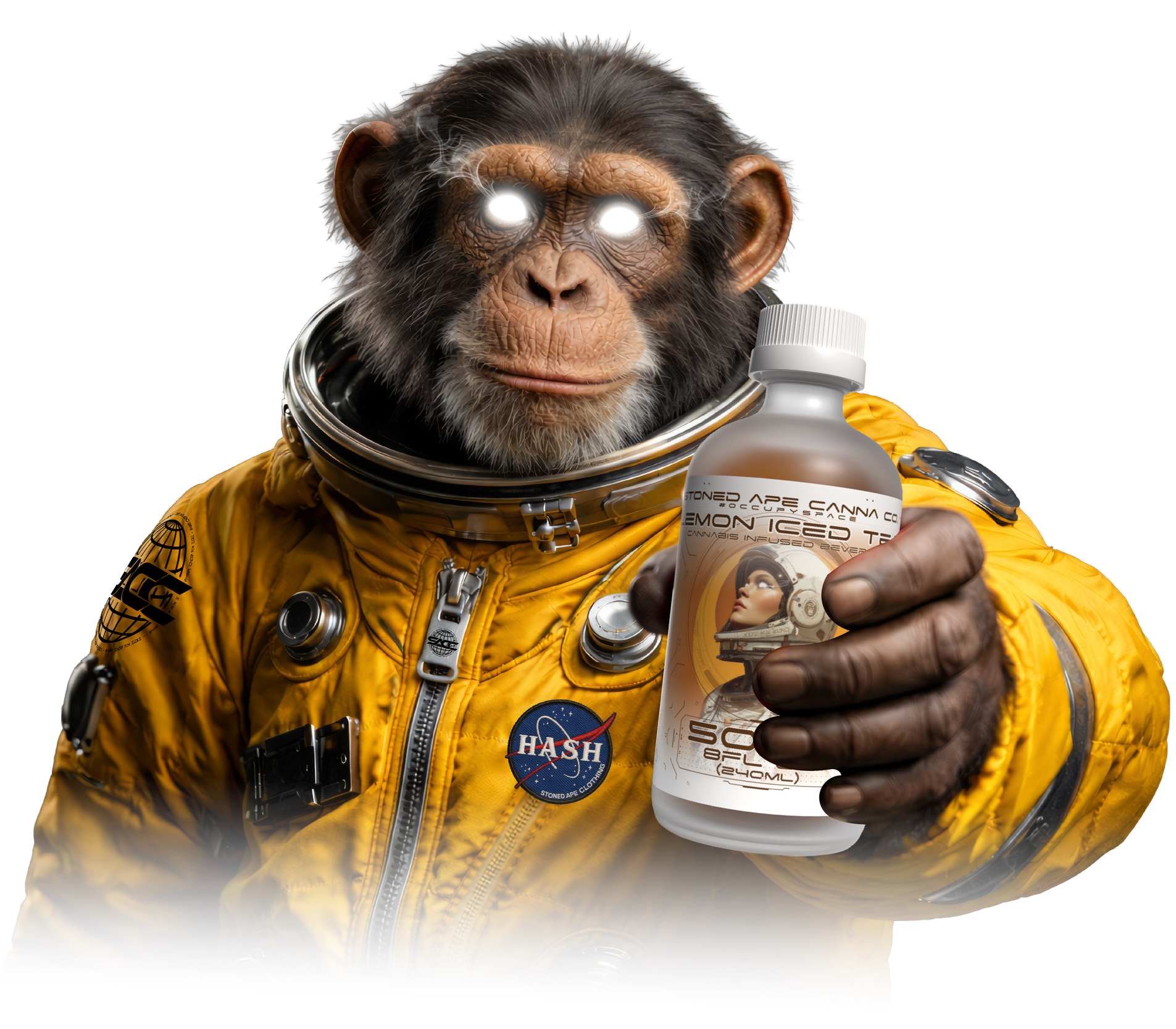 A chimpanzee dressed in a yellow astronaut suit with patches, holding a bottle labeled with cannabis-themed graphics and text, against a black background. Cannabis Dispensary Carlsbad NM.