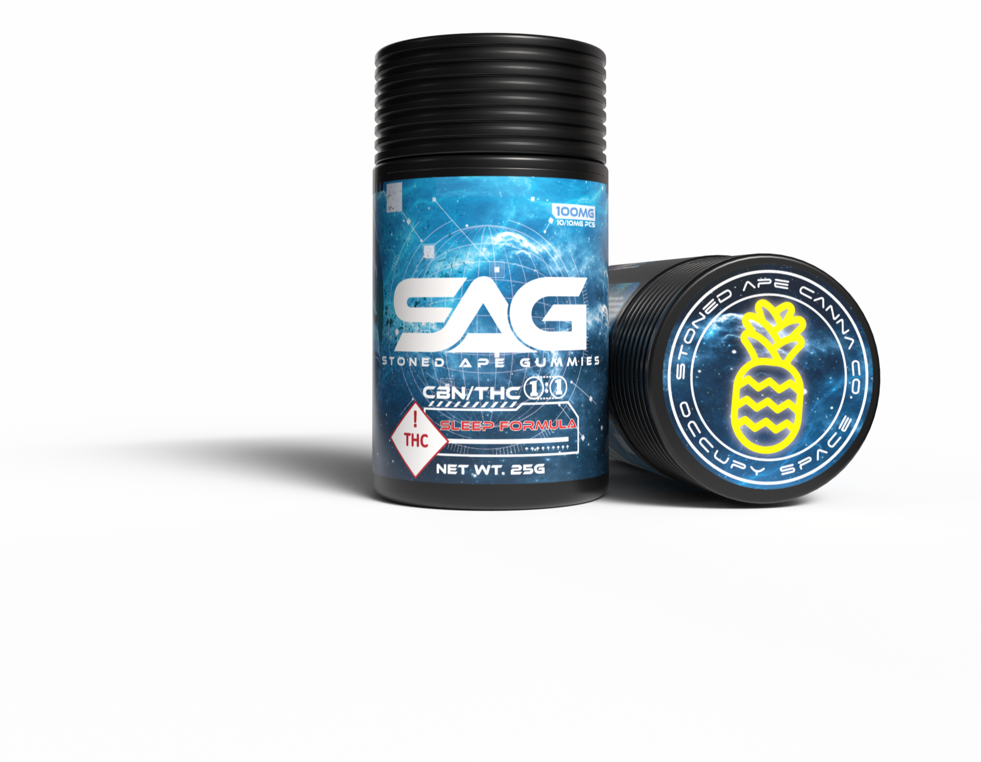 Black container of stone-cold ape gummies with a blue cosmic background and yellow logo of a pineapple with zigzag lines.