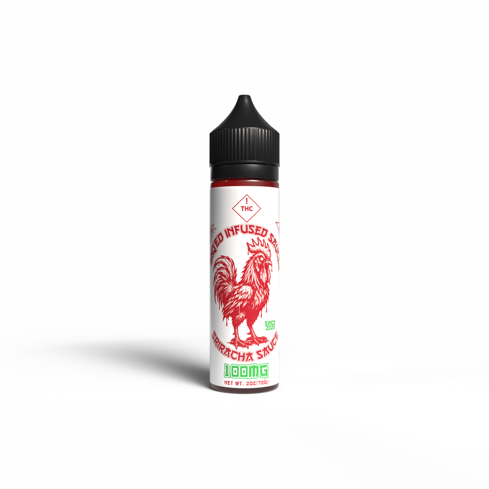 Bottle of BBQ'ED 100mg THC-infused Sriracha sauce with a rooster illustration and black dropper cap