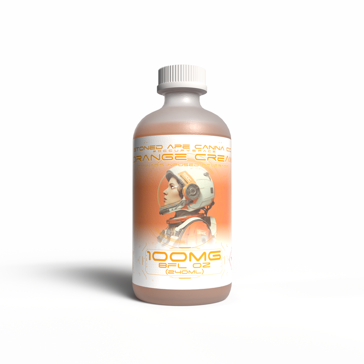 Stoned Ape 100mg THC-infused Orange Cream bottle with an orange and white label