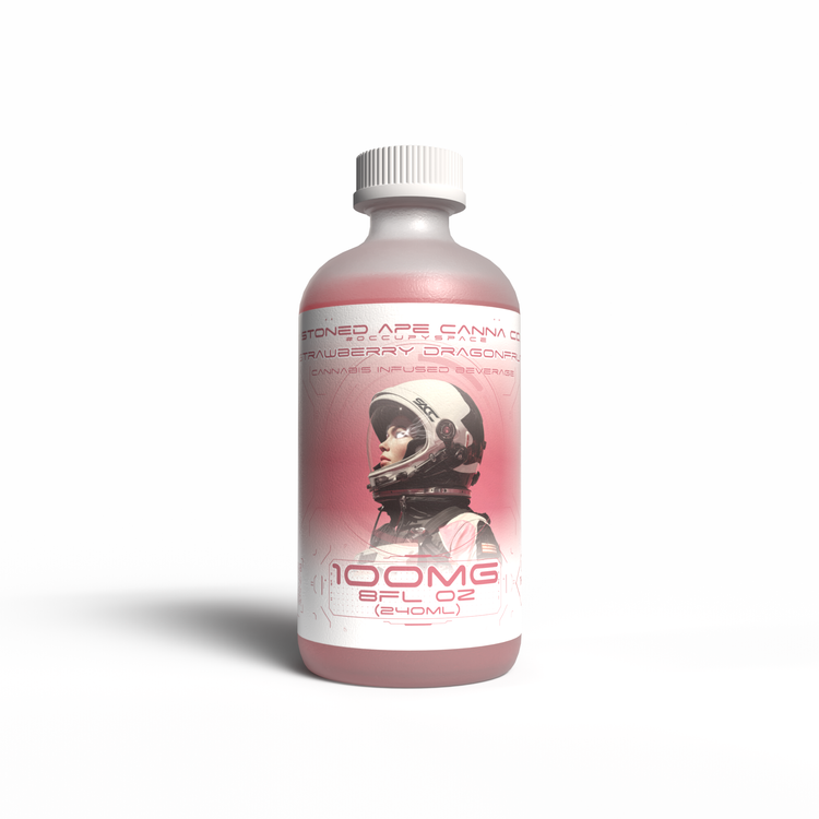 Stoned Ape 100mg THC-infused Strawberry Dragonfruit bottle with a pink and white label