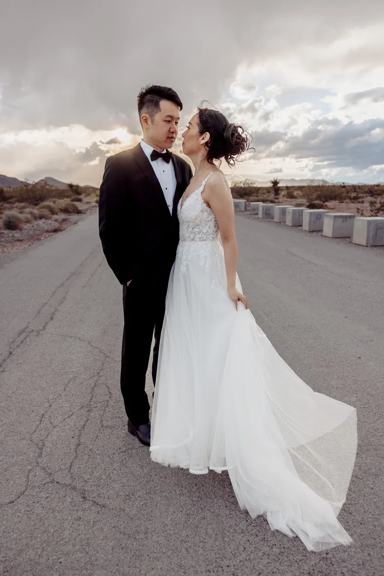 Elopement portraits at a desert overlook near Kyle Canyon, Las Vegas