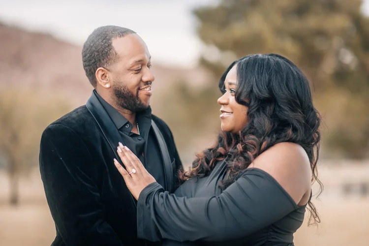 Couple facing each other during an engagement session in Henderson, Las Vegas