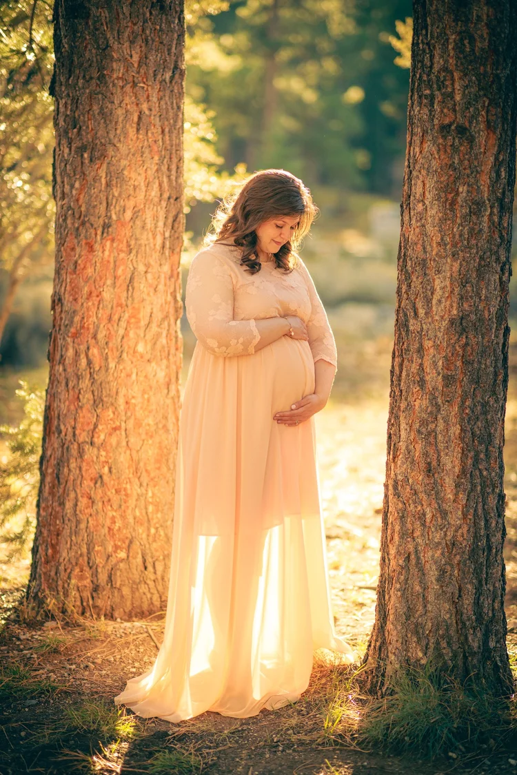 Maternity portrait framed between the pines at Mount Charleston near Las Vegas