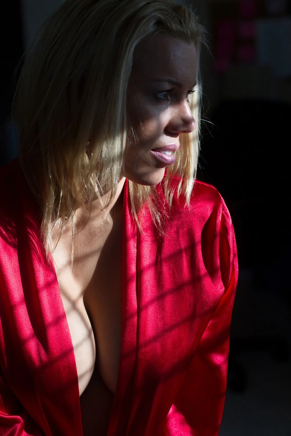 Dramatic window-light boudoir portrait in a red satin robe