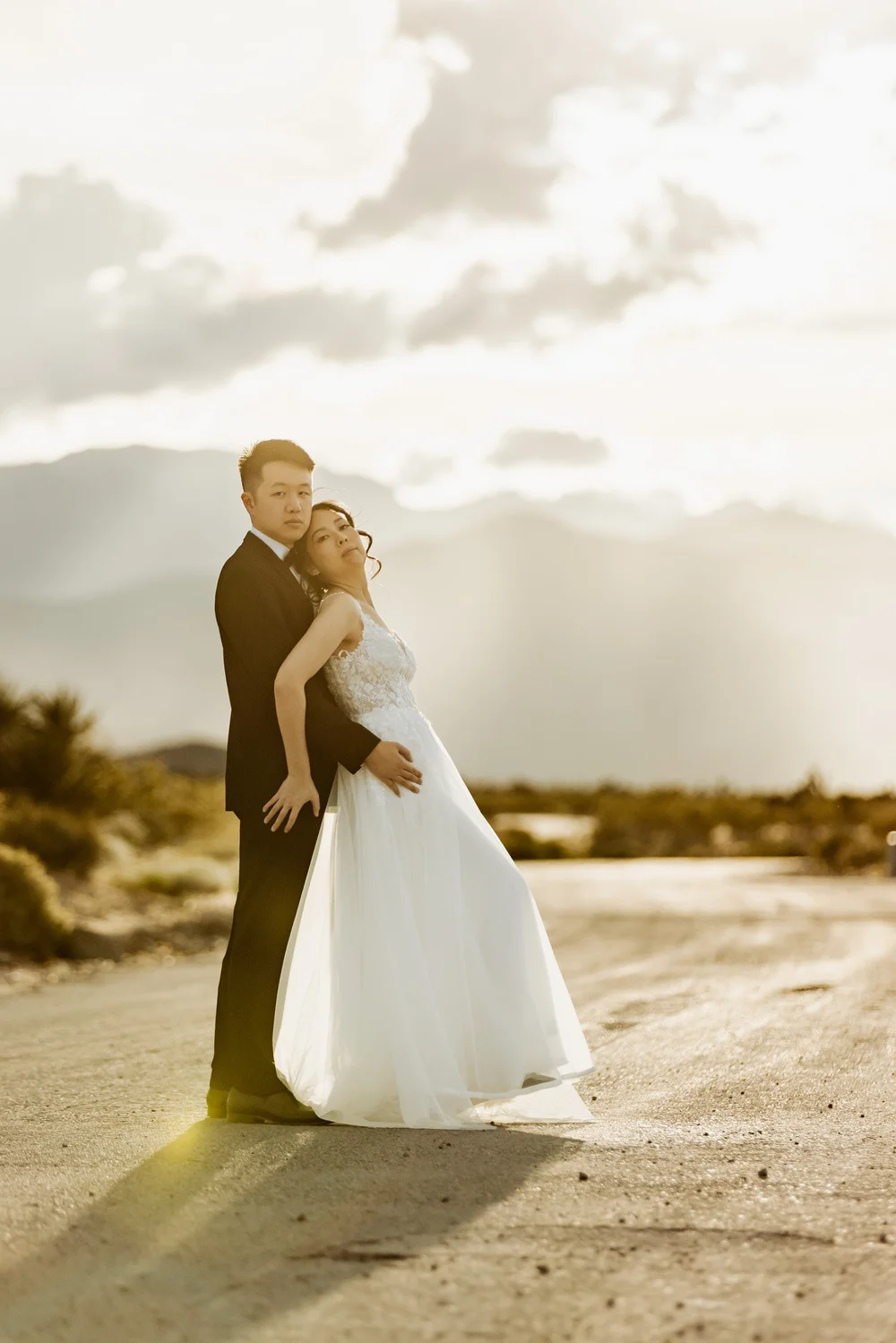 Backlit elopement portrait of a couple at Kyle Canyon near Las Vegas
