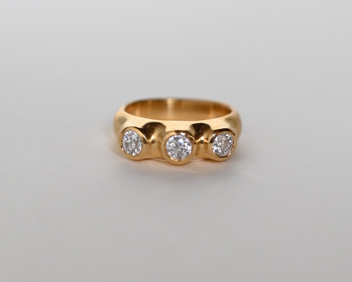 Three Antique Old Mine Cut Diamond Ring. Set in 22k Fairmined Gold. This is a unique style that uses responsibly sourced Fairmined gold. Made in California