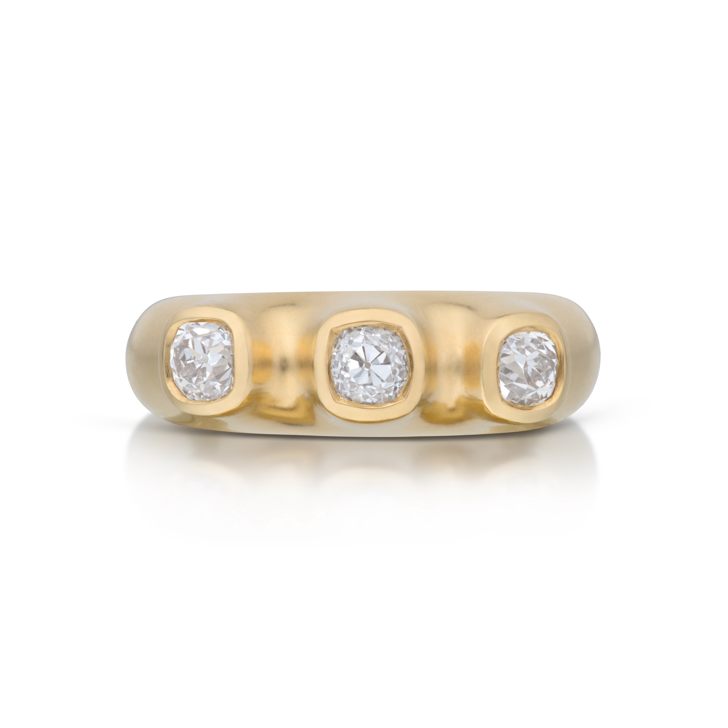 Three Antique Old Mine Cut Diamond Ring. Set in 22k Fairmined Gold. This is a unique style that uses responsibly sourced Fairmined gold.