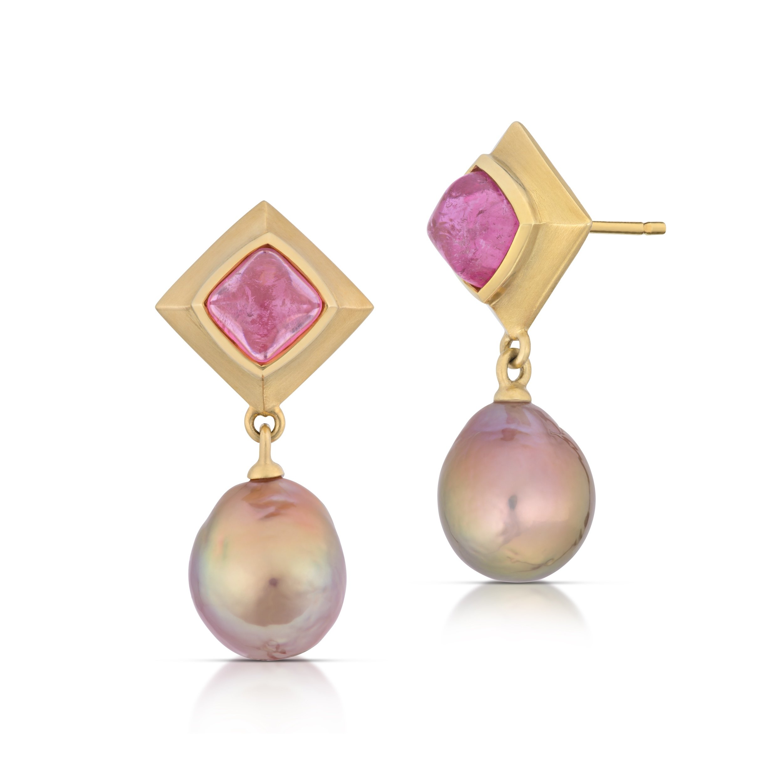 18k gold pink tourmaline and perl earrings side view.jpeg