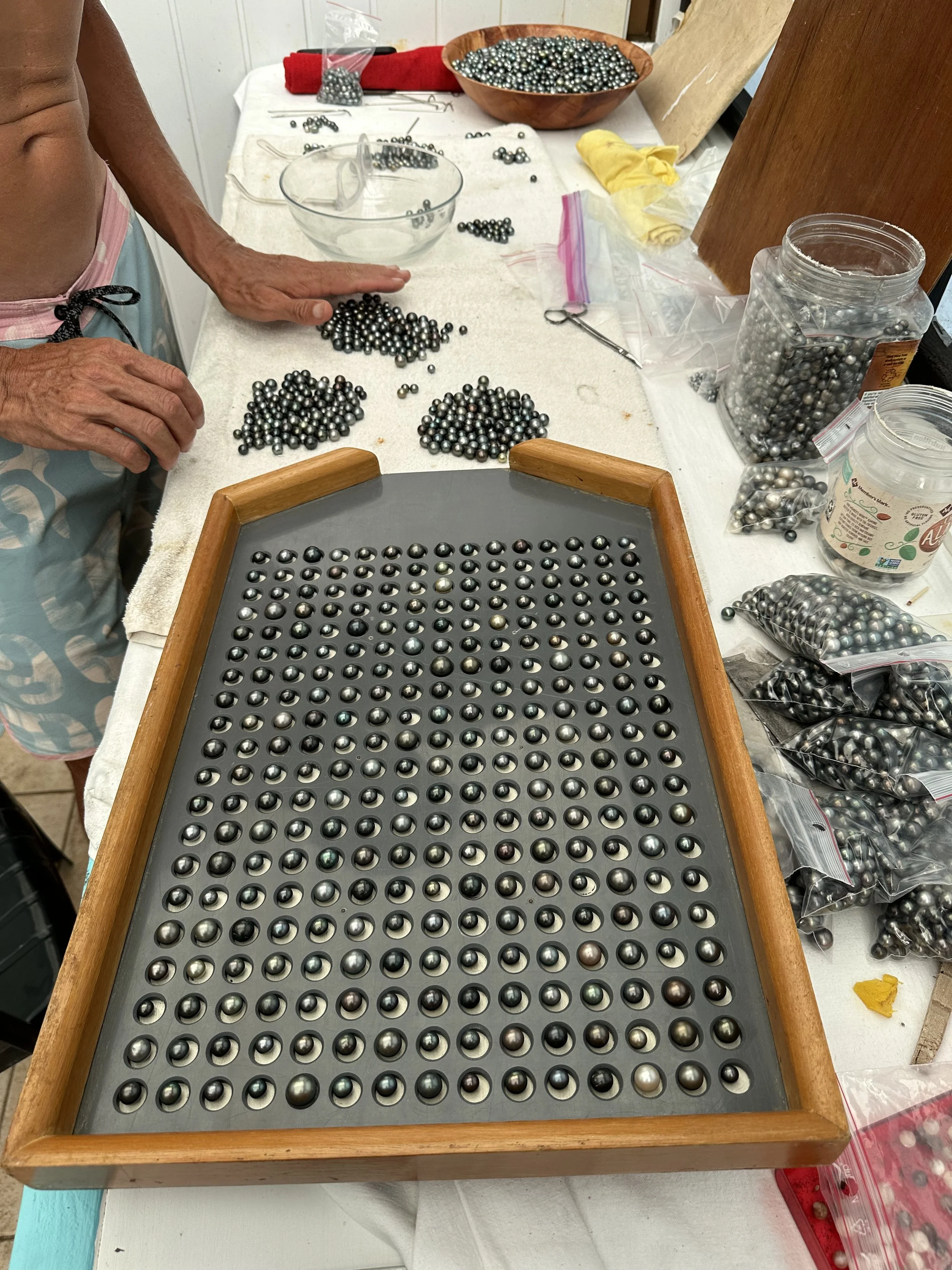 Counting Tahitian pearls at Kamoka in Ahe, French Polynesia