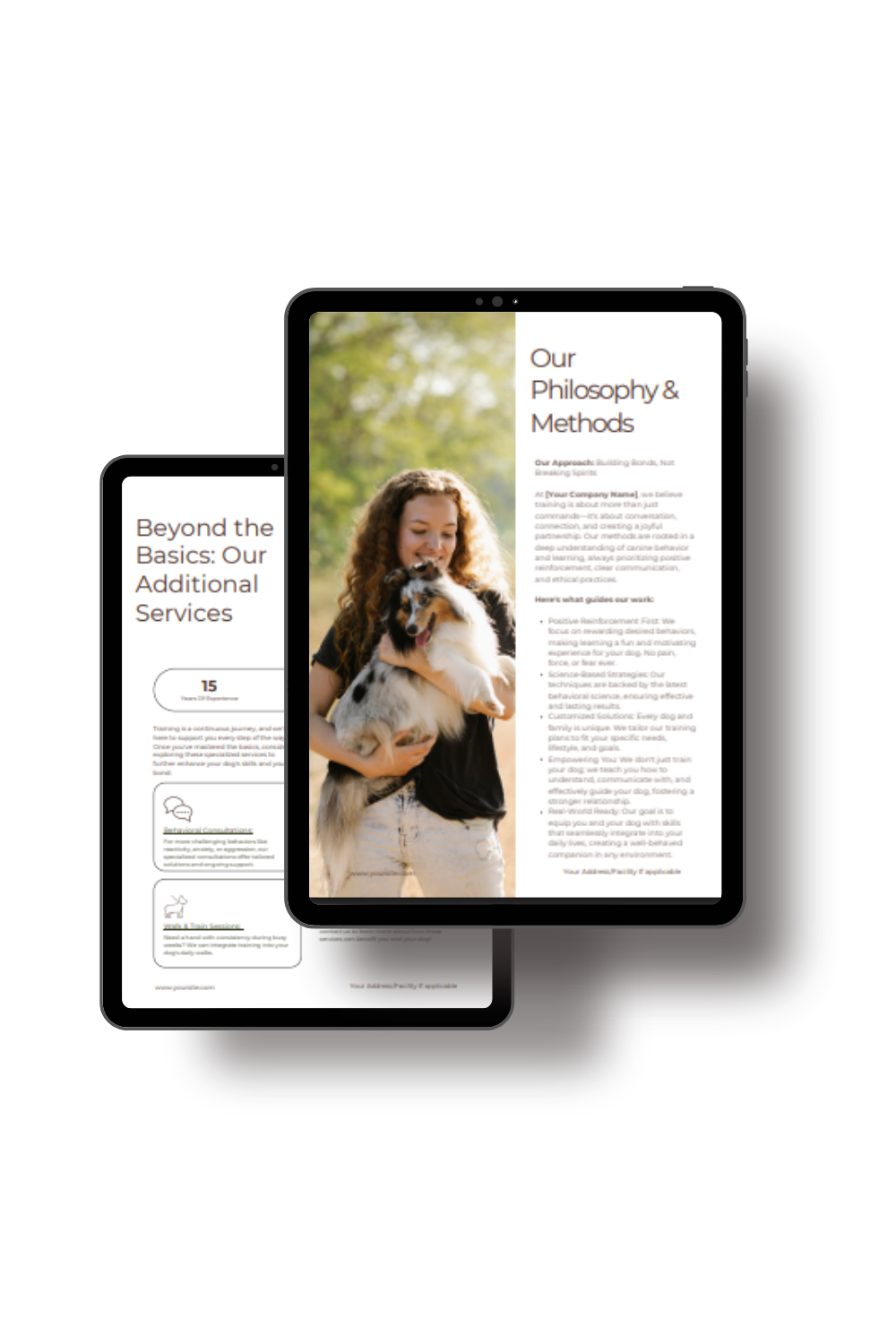 Canva template mockup of a professional client welcome packet and onboarding guide explicitly styled for dog trainers, pet sitters, and dog walkers.