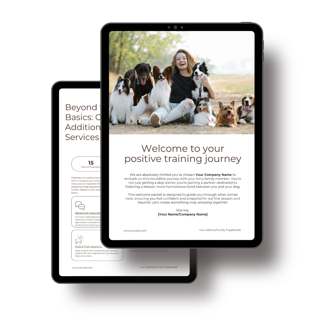 Digital product mockup on a tablet showing a collection of customizable Canva templates and onboarding forms designed for pet care businesses and petpreneurs.