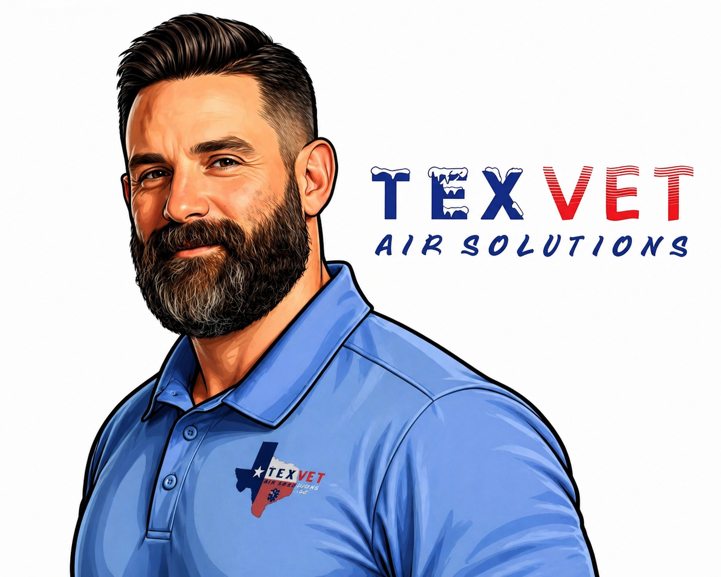 Illustration of a man with a beard in a blue polo shirt with a TexVet logo, standing in front of TexVet Air Solutions logo. The background is white.