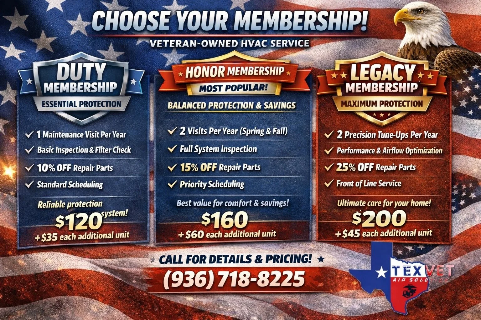 A promotional flyer for a veteran-owned HVAC service offering three membership plans: Duty Membership, Honor Membership, and Legacy Membership. Each plan details specific benefits, pricing, and discounts, with a background featuring the American flag and an eagle, and contact information at the bottom.