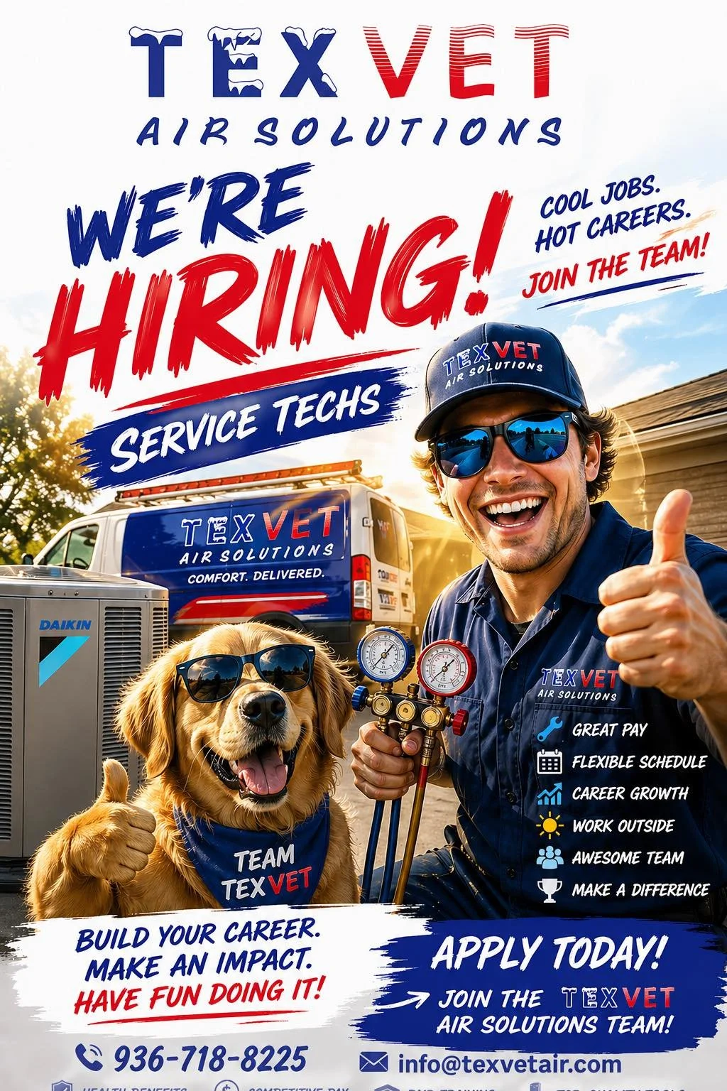A promotional poster for TEXVET Air Solutions hiring service technicians. The poster features a smiling man in sunglasses and TEXVET uniform holding HVAC tools, and a dog wearing sunglasses and a TEXVET bandana giving a thumbs-up. The background shows company vehicles and equipment with the company's logo and contact information.
