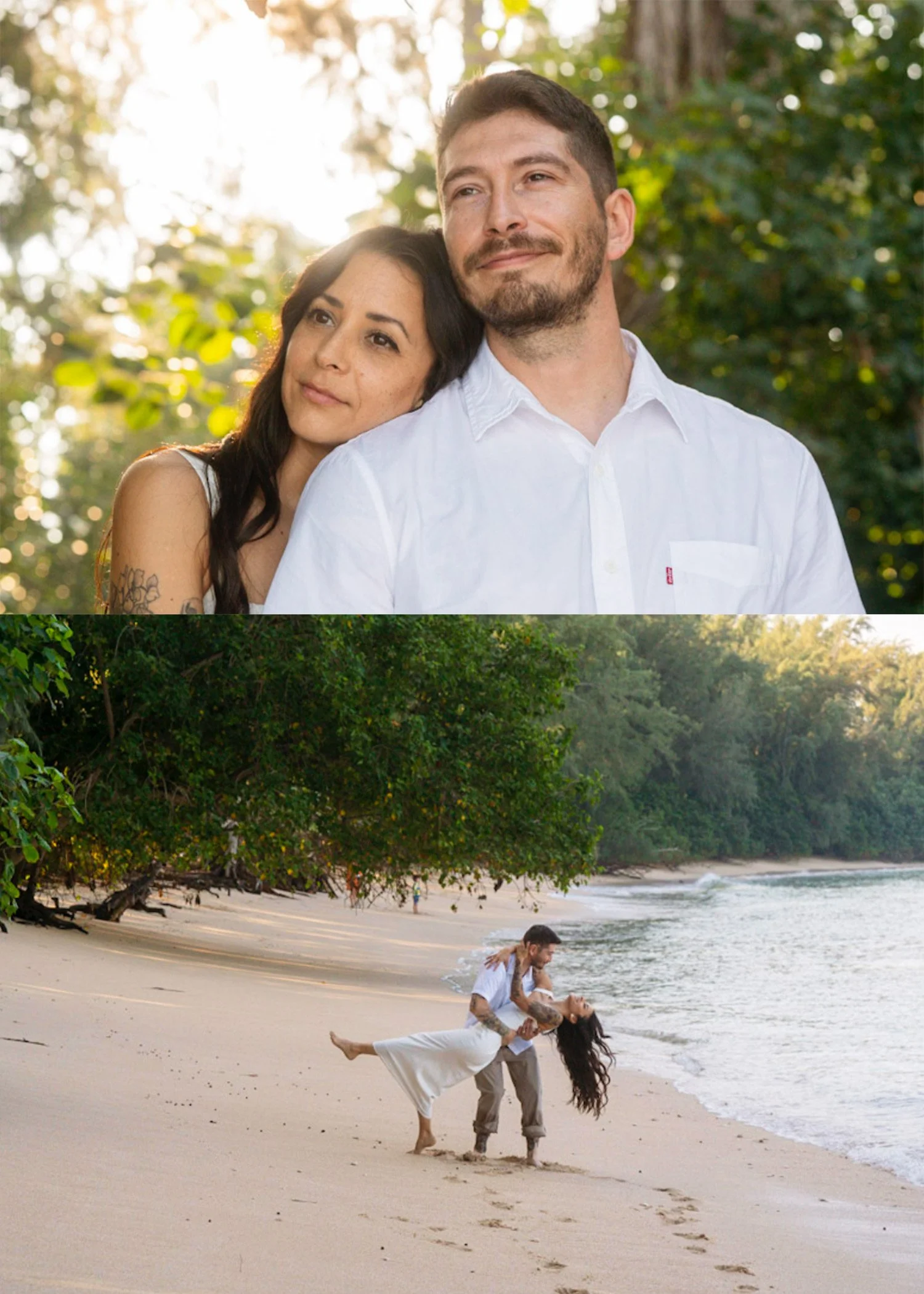 A couple on the beach, the man lifting the woman as they dance on the sand near the shoreline with trees and the ocean in the background.