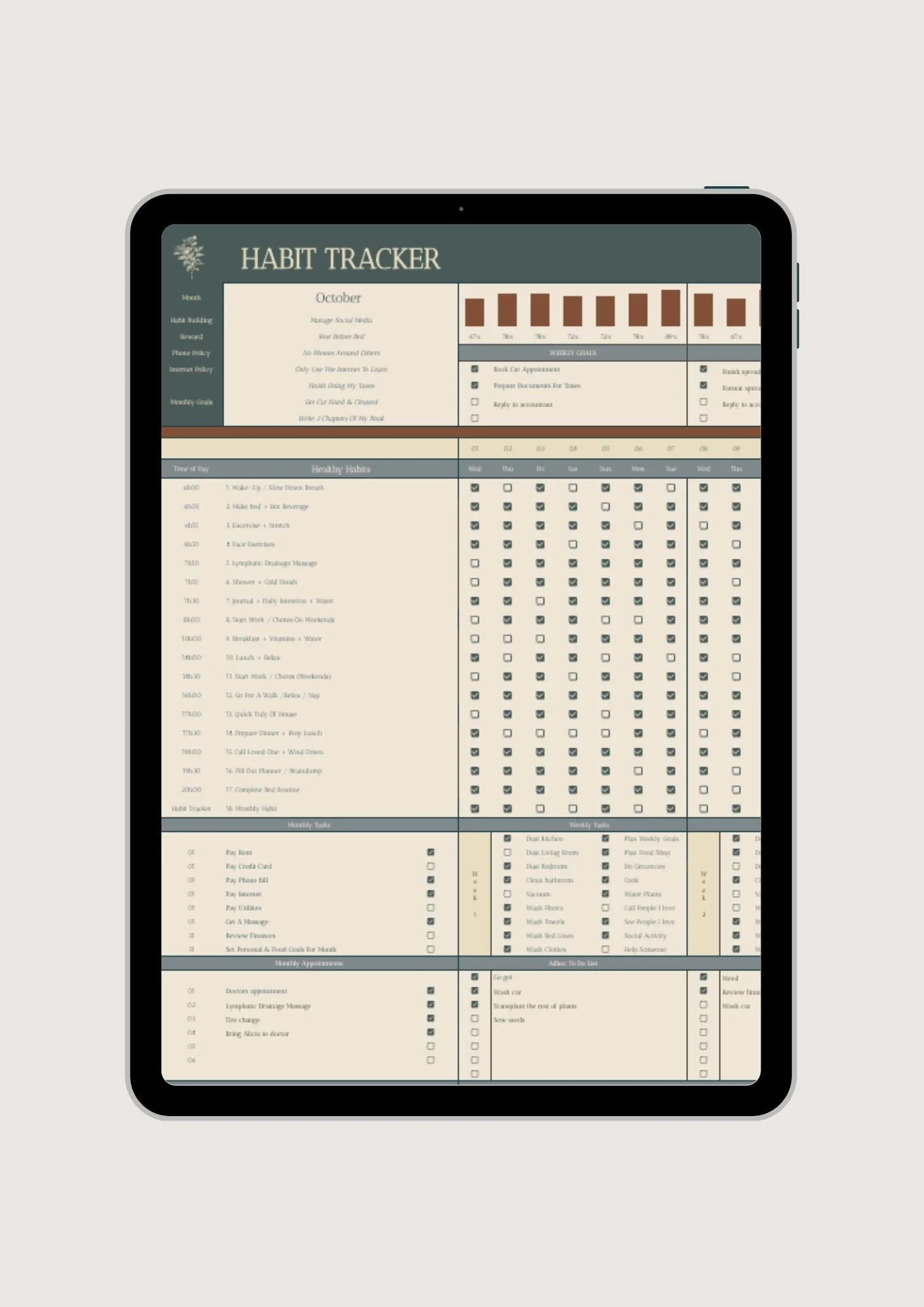 iPad showing a habit tracker template