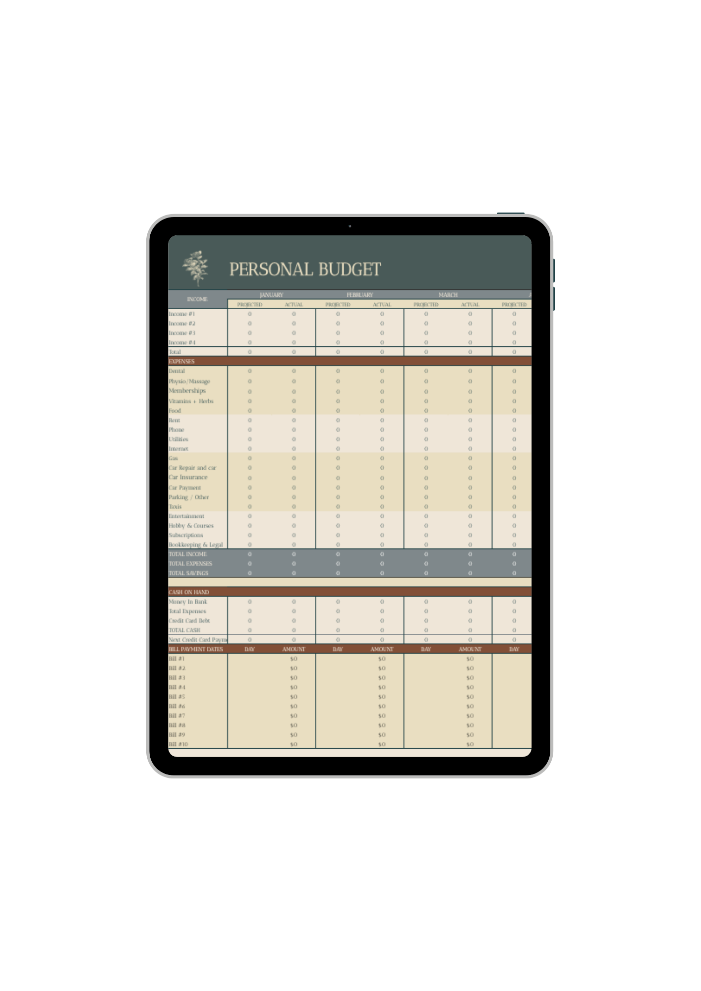 iPad showing an example of the budget & expense Google Sheet tracker