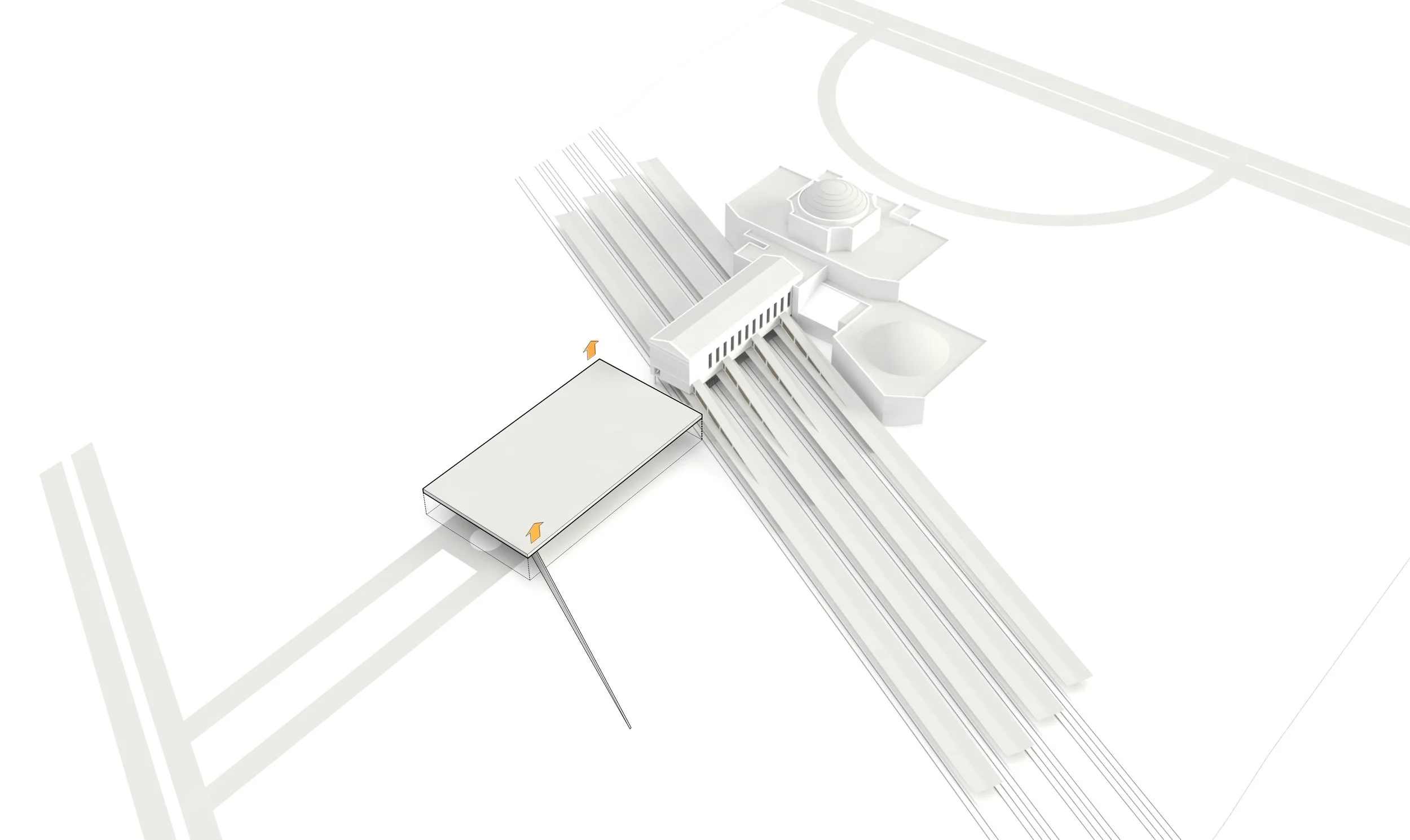 GEOMETRY - 
Drawing on the platonic geometries of the historic Beaux‑Arts building—where the pendentive system channels the rotunda’s heavy forces downward—the Events Center roof takes a contrasting approach. Its edges lift upward, creating a form th