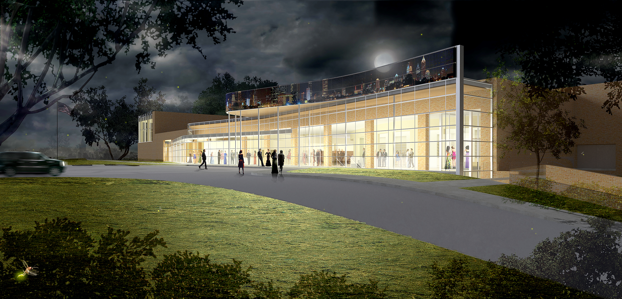 Rendering  |  A black-tie fund raising event is showcased through the facade's vitrine, as the Buckhead skyline is displayed on the glass facade's upper panels.