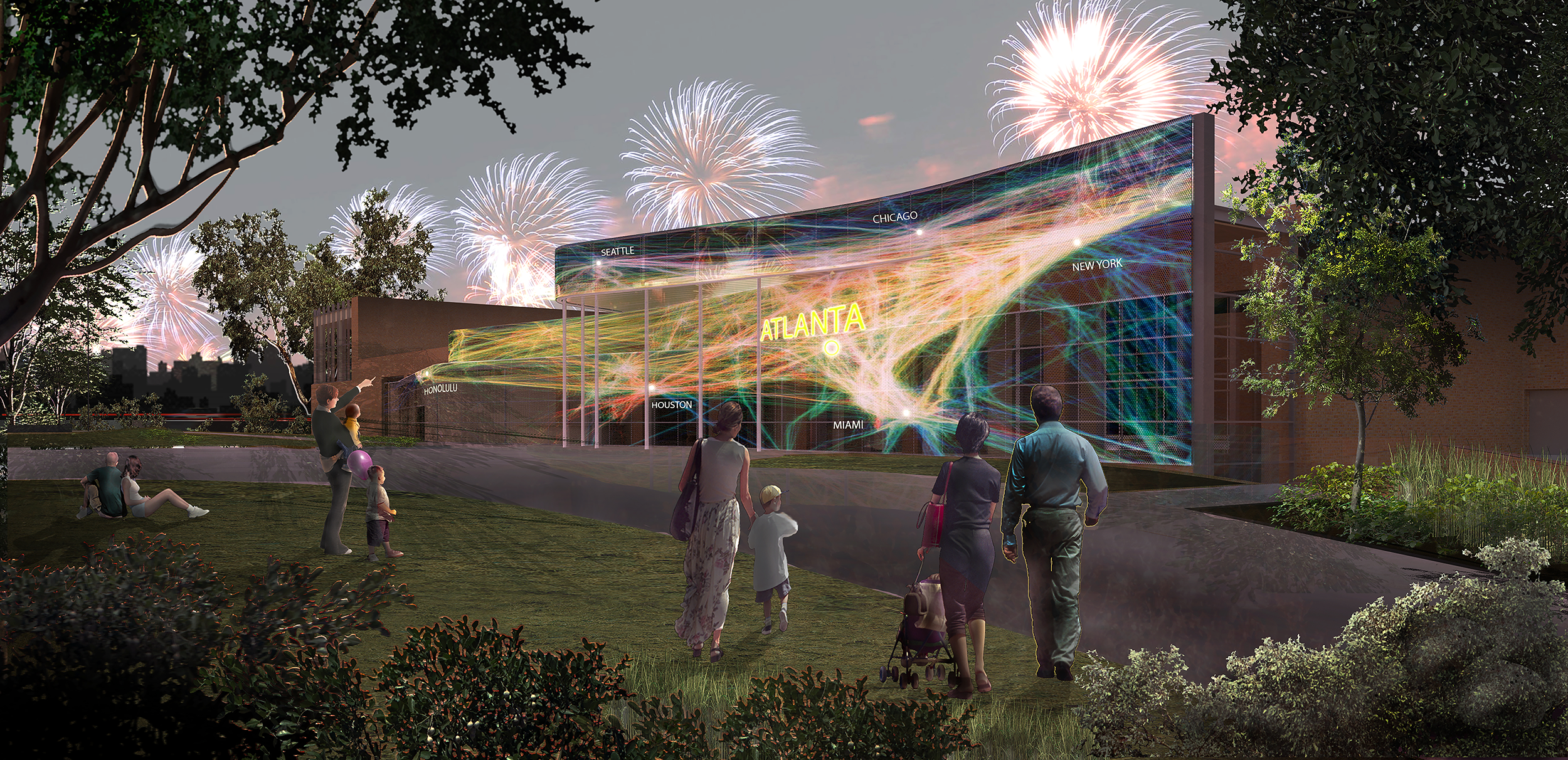 Rendering  |  New summer events programing on the plaza of the Atlanta History Center could take advantage of the digital 'backdrop.'