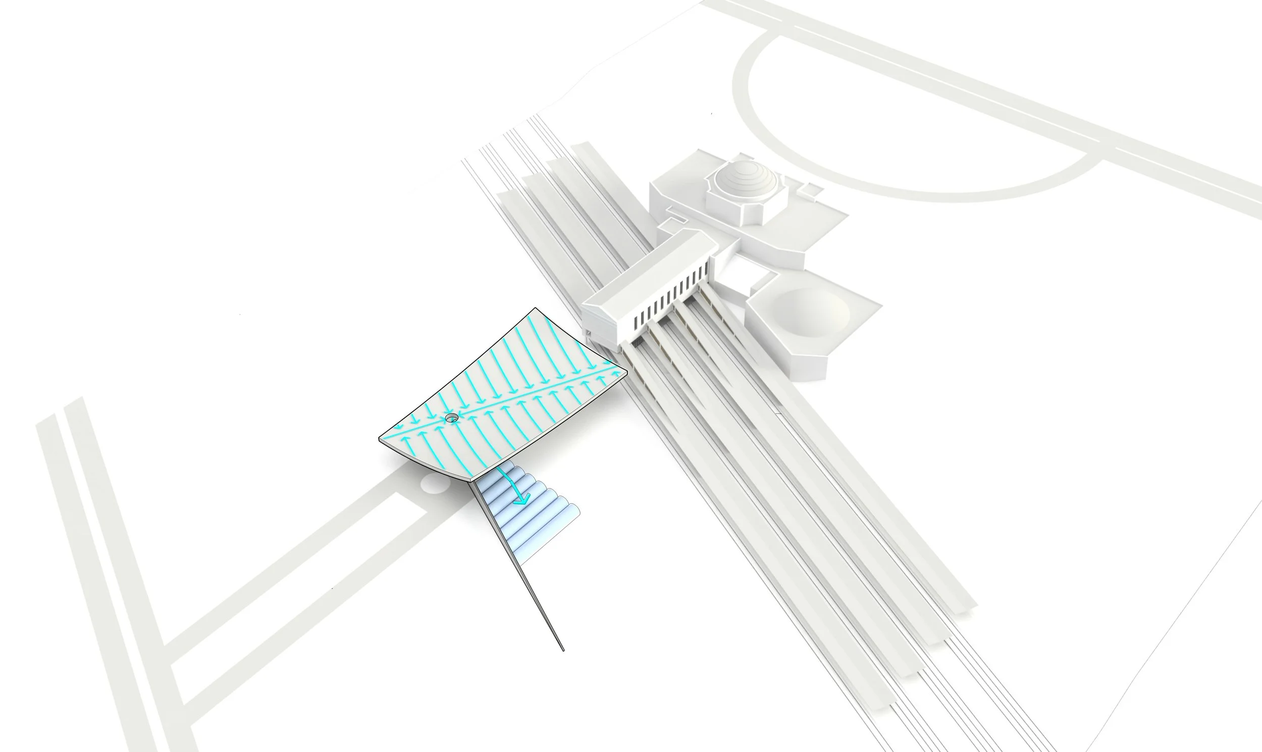 WATER COLLECTION - 
The roof was shaped to collect rainwater for irrigating the surrounding landscape. Several above‑grade cisterns store this water and, in turn, help define and sculpt the site’s topography.
