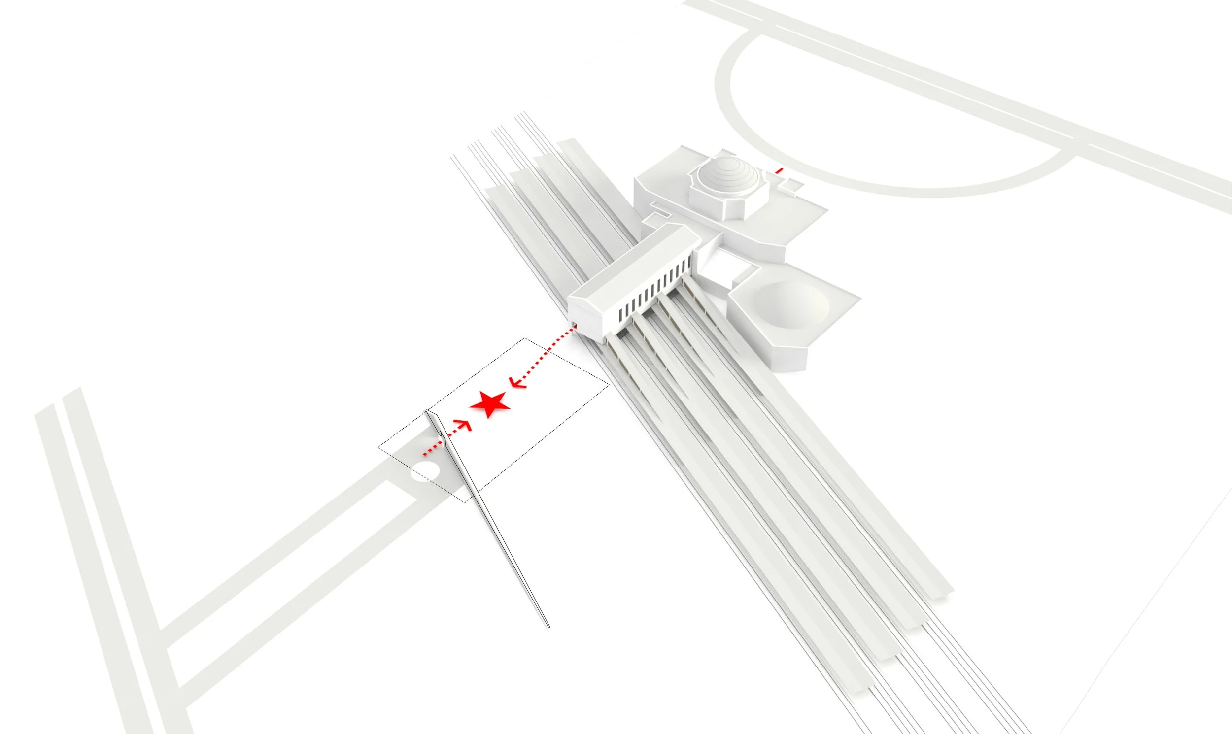 THRESHOLD - 
Using the geometry of the covered ramps accessing the tracks, a boundary wall runs parallel to the tracks 