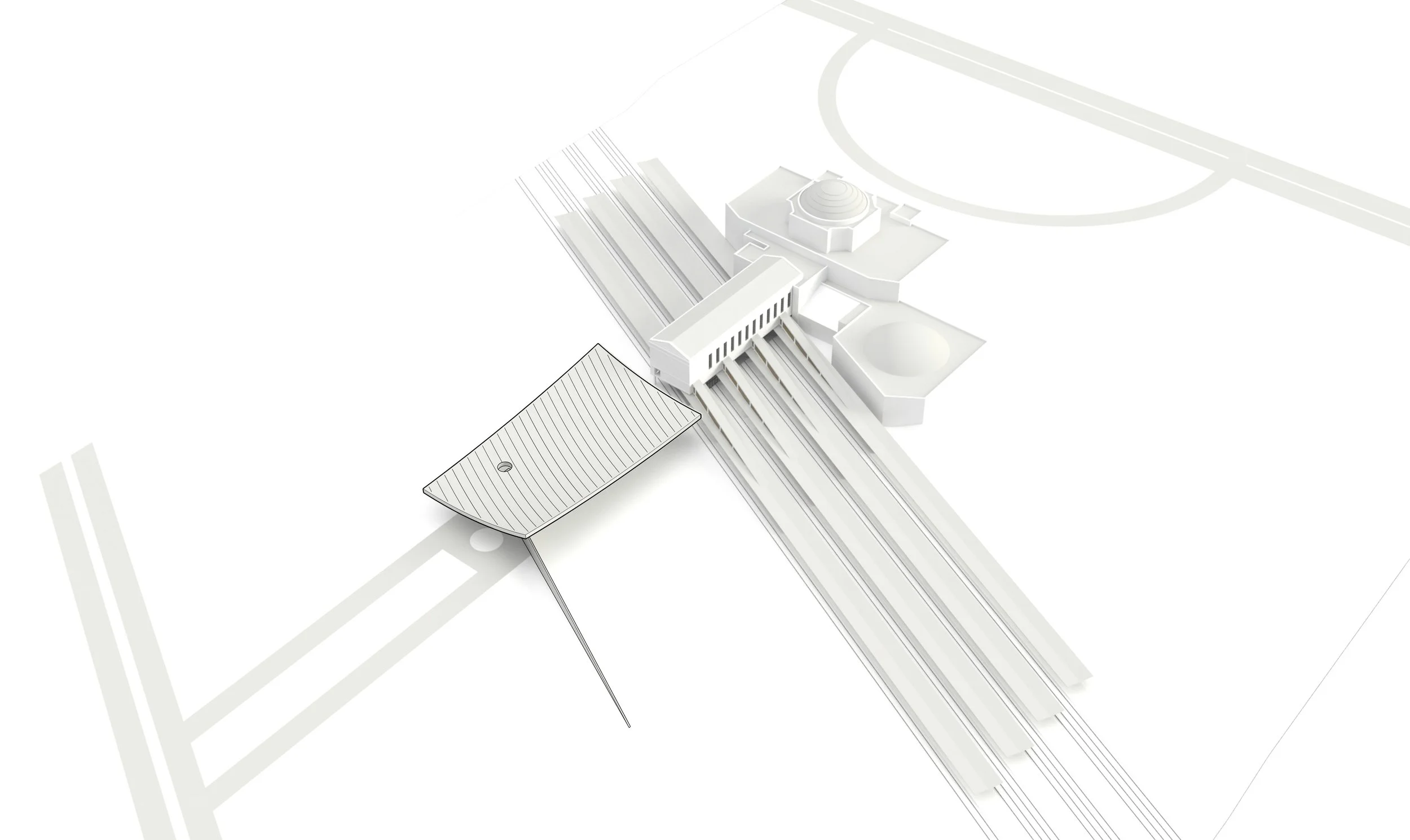 INTERSECTING GEOMETRIES - 
While the historic building is symmetrical and rectilinear in its alignment with Main Street, the waiting hall needed to span the railroad tracks running diagonally beneath it. The roof form draws from these two intersectin